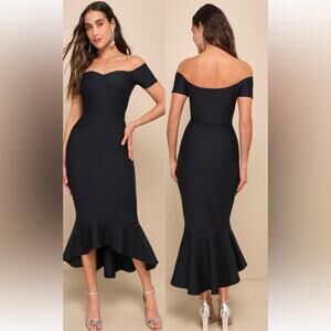 NWT Lulu’s How Much I Care Midnight Blue Off Shoulder Midi Dress.